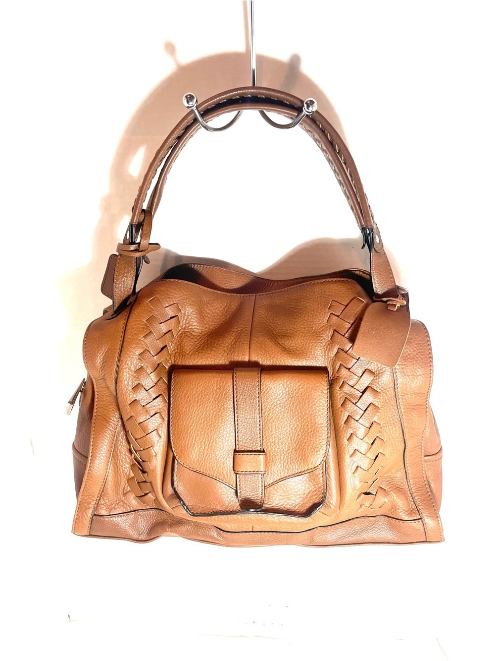 Jessica Simpson  Leather Woven Cognac Handbag Short Strap Boho  Tote Bag Pocket